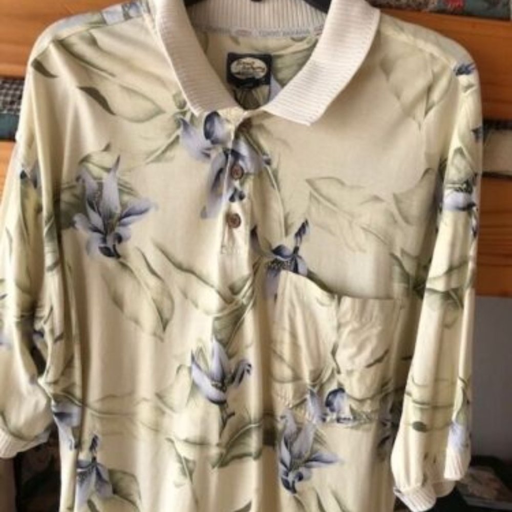 TOMMY BAHAMA * IVORY s/s POLO Shirt BLUE Tropical Flowers * CHEST POCKET * sz XL